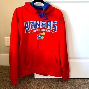 Red/royal blue Kansas Jayhawks hoodie in worn condition. Champion brand. Large.